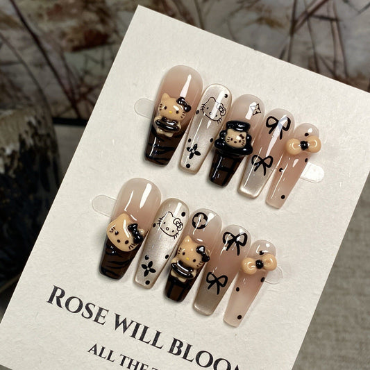 Caramel Kitty Mocha Cat-Eye Press-On Nails — 3D Bows