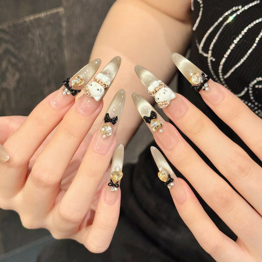 Champagne Whiskers Cat-Eye Press-On Nails — Black Bows & Cat Charm