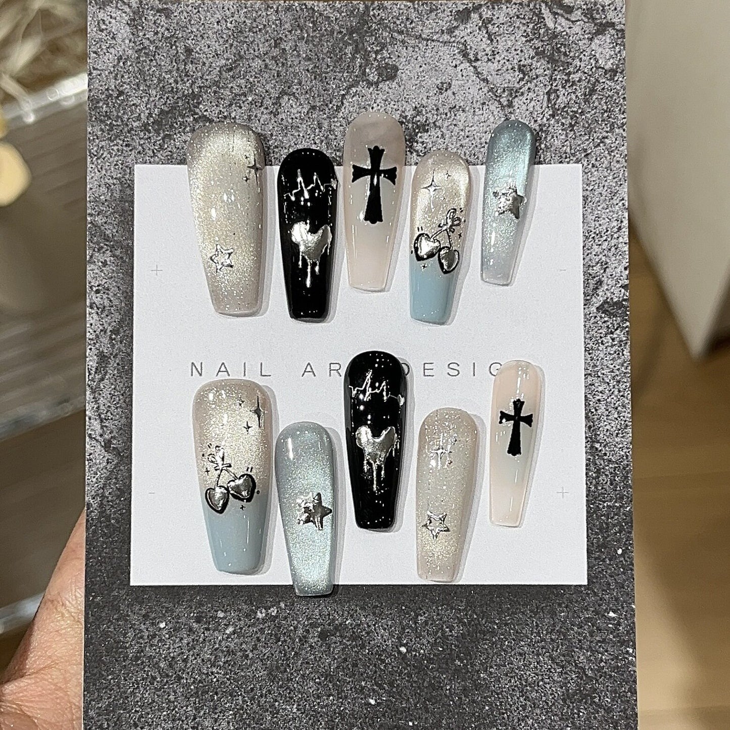 Mint Whisper Y2K Gothic Cat-Eye Press-On Nails — Silver Hearts & Crosses