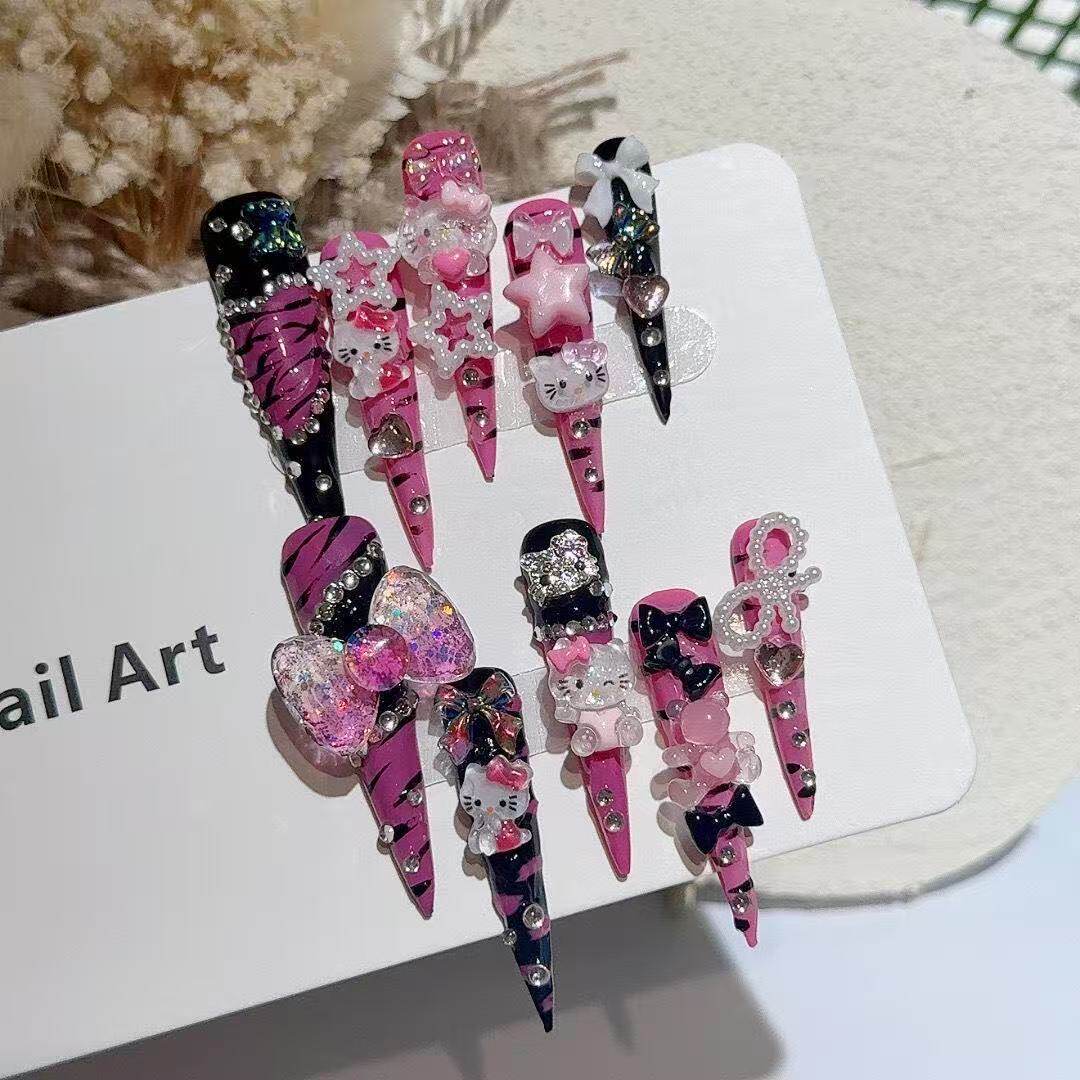 Hand-Painted Pink Zebra Press-On Nails — Extra Long Stiletto Y2K Statement Set