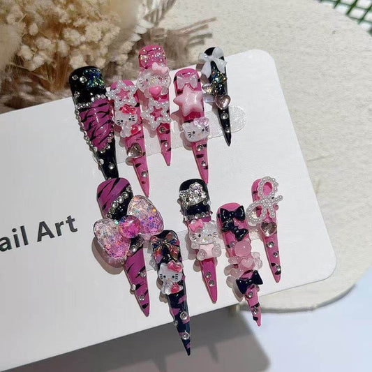Hand-Painted Pink Zebra Press-On Nails — Extra Long Stiletto Y2K Statement Set