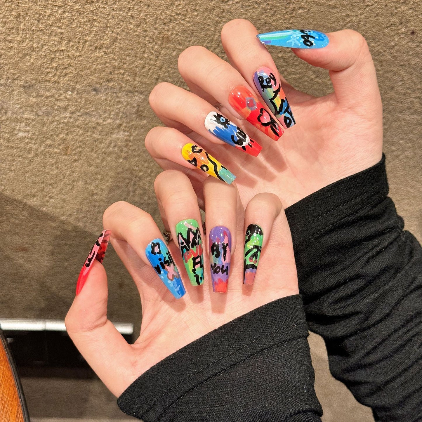 Colorful Hand-Painted Doodle Press-On Nails | Edgy Art