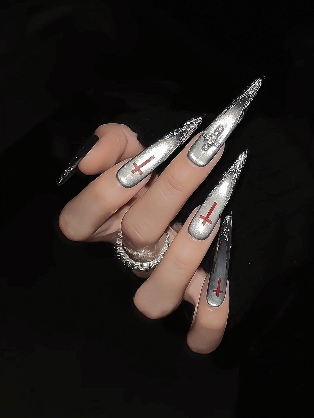 Silver Moon Cross Press-On Nails — Dark Cat-Eye Gothic Stiletto & Almond Fake Nails