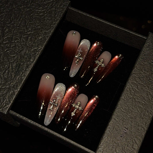 Blood Red Gothic Cross Cat-Eye Press-On Nails - Handmade Long Reusable Fake Nails