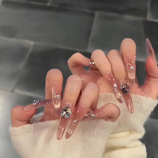 Blushing Mist Rose-Pink Cat-Eye Crystal Press-On Nails — Champagne Glow