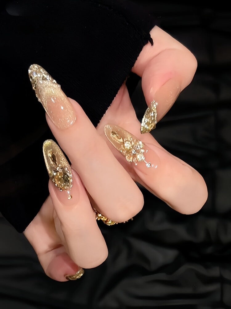 Champagne Gold Glitter French Cat-Eye Press-On Nails - Reusable Bridal False Nails (4 Shapes)