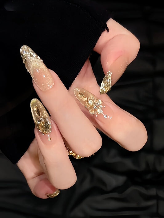 Champagne Gold Glitter French Cat-Eye Press-On Nails - Reusable Bridal False Nails (4 Shapes)