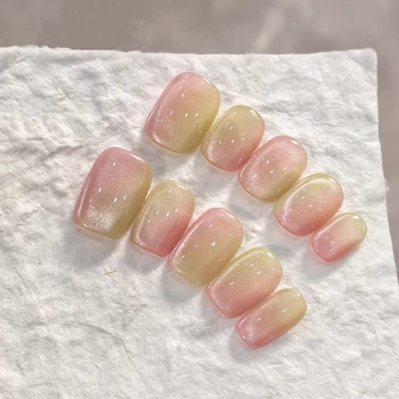 Summer Sorbet Pink Yellow Cat-Eye Press-On Nails — Jelly Ombre Short Nails (4 Shapes)