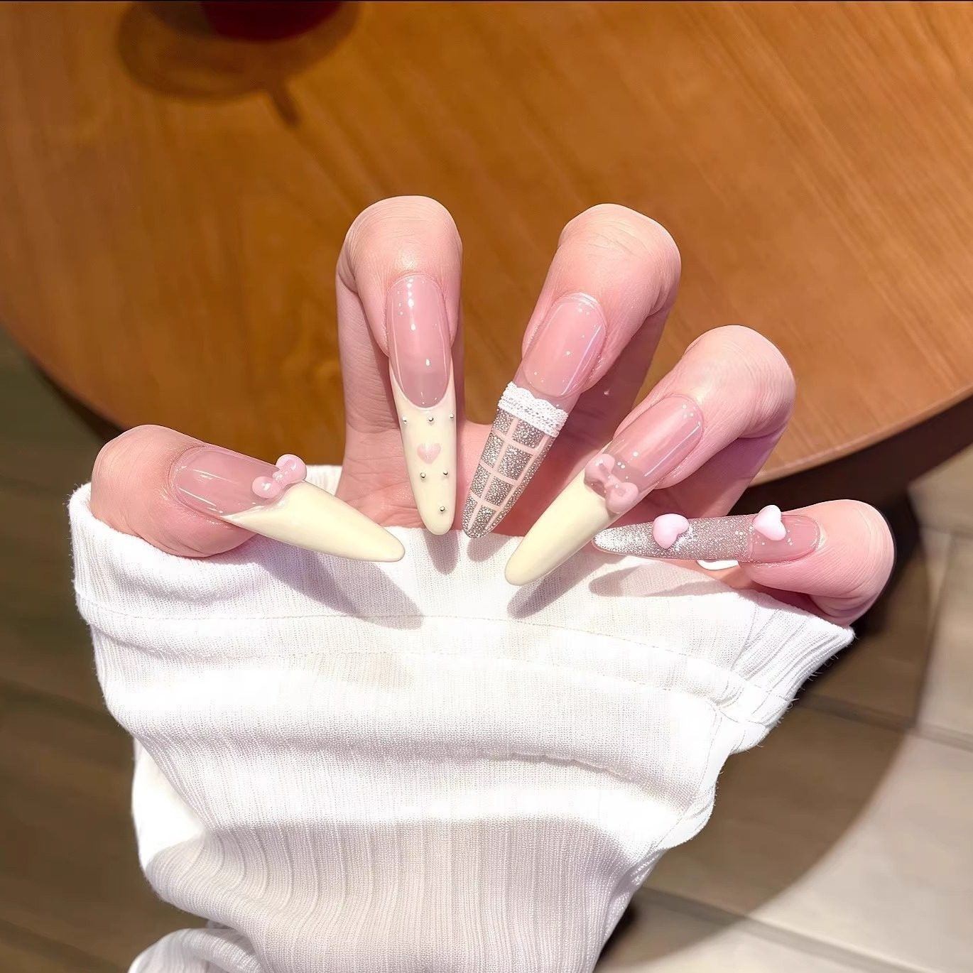 Ribbon Reverie Pink French Press-On Nails — 3D Bows & Lace
