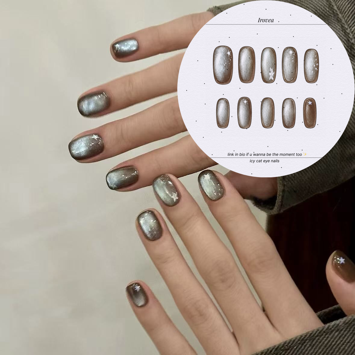 Midnight Stardust Black Cat-Eye Press-On Nails — Silver Star Short Nails (3 Shapes)