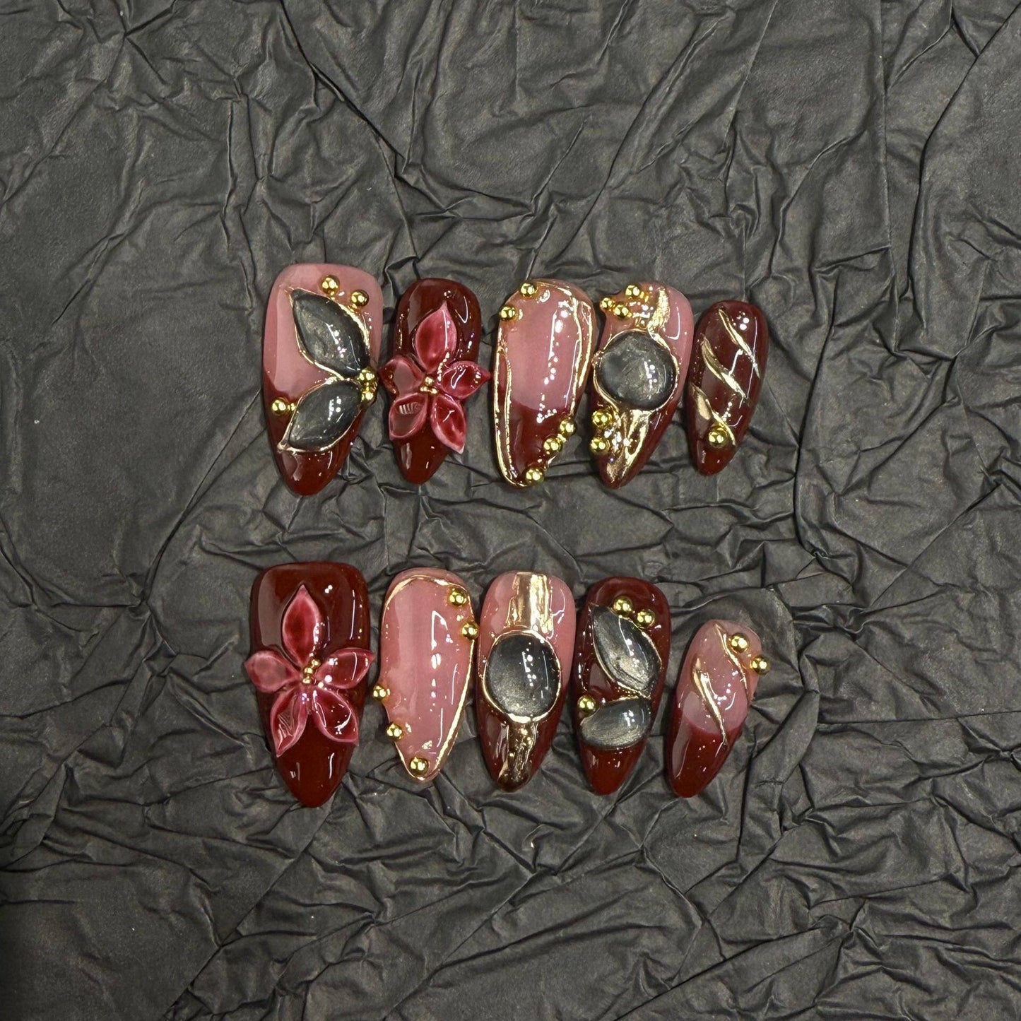 3D Carved Baroque Press-On Nails — Vintage Burgundy Flower Reusable Fake Nails