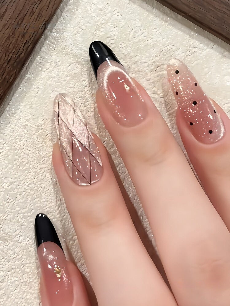 Vintage Black French Argyle Cat-Eye Press-On Nails - Dinner Luxe (5 Shapes)