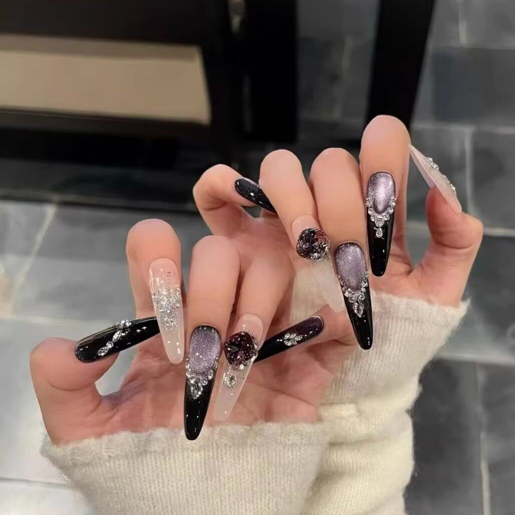 Violet Cat-Eye Long Press-On Nails | Handmade Stacked Gems