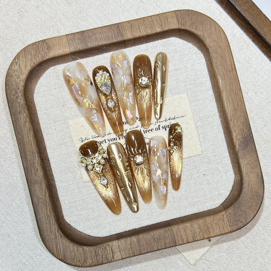 Golden Cat-Eye Rhinestone Press-On Nails - Luxury Handmade Long Stiletto