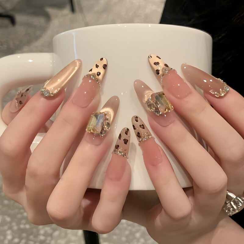 Leopard Rhinestone French Gold Cat-Eye Press-On Nails - Luxe Reusable Handmade False Nails (3 Lengths)