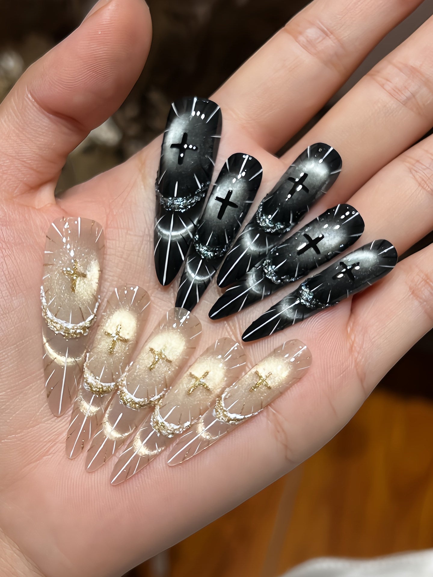 Gothic Cross French Cat-Eye Press-On Nails - Handmade Long Statement False Nails (3 Shapes)