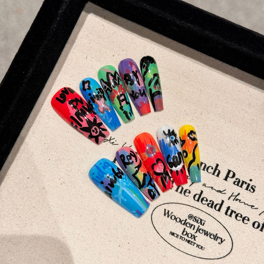 Color Riot Multicolor Graffiti Press-On Nails — Extra-Long Coffin
