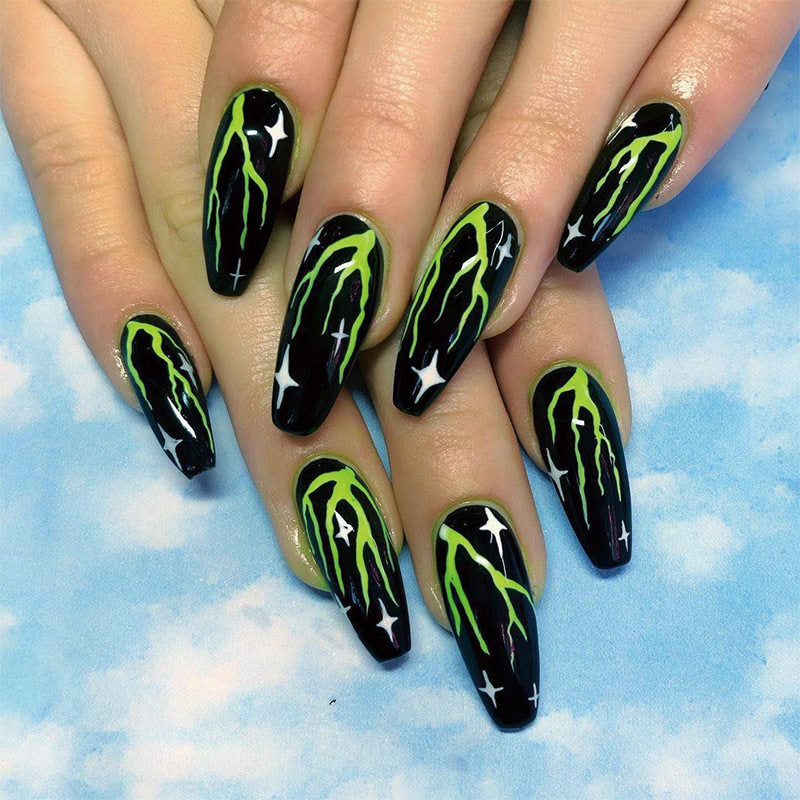 Black Green Graffiti Press-On Nails — Long Edgy Y2K Neon Statement Set