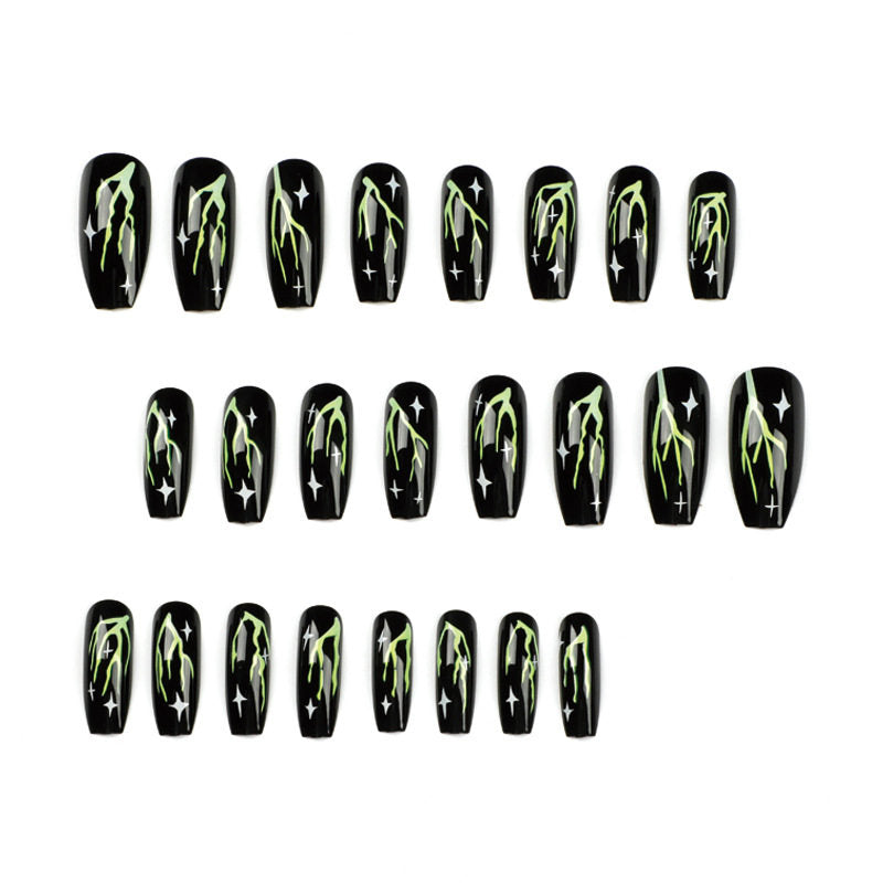 Black Green Graffiti Press-On Nails — Long Edgy Y2K Neon Statement Set