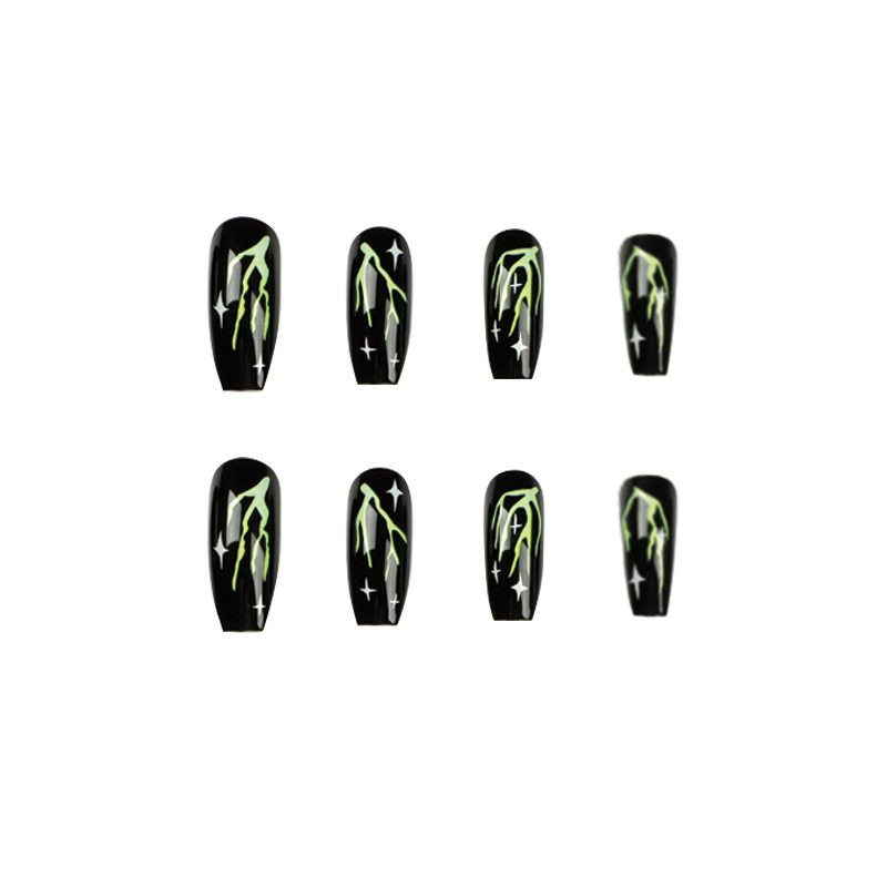 Black Green Graffiti Press-On Nails — Long Edgy Y2K Neon Statement Set