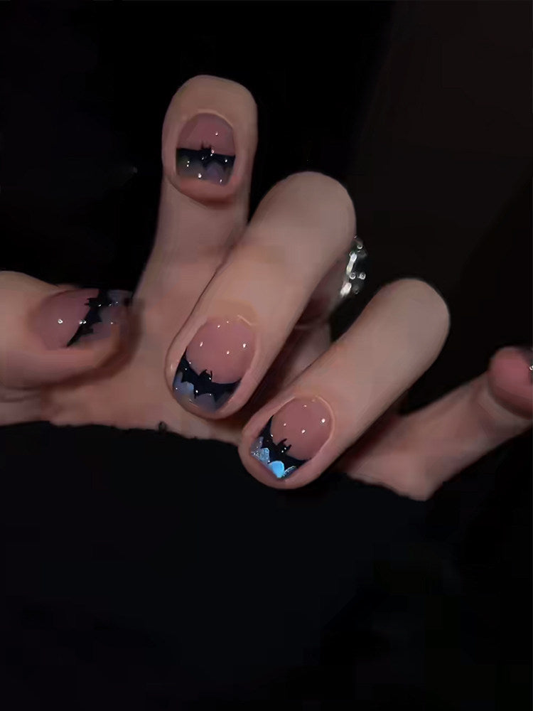 Glow-in-the-Dark Halloween Bat Press-On Nails - Blue Cat-Eye Handmade False Nails