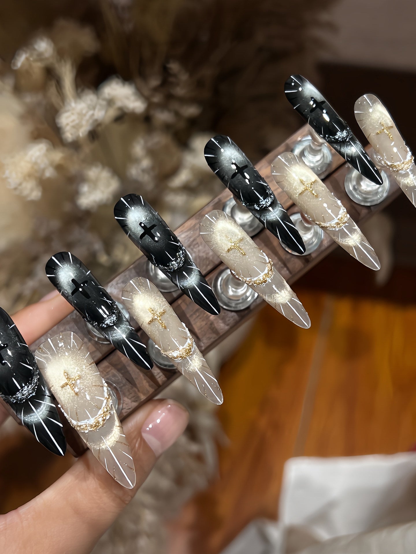 Gothic Cross French Cat-Eye Press-On Nails - Handmade Long Statement False Nails (3 Shapes)