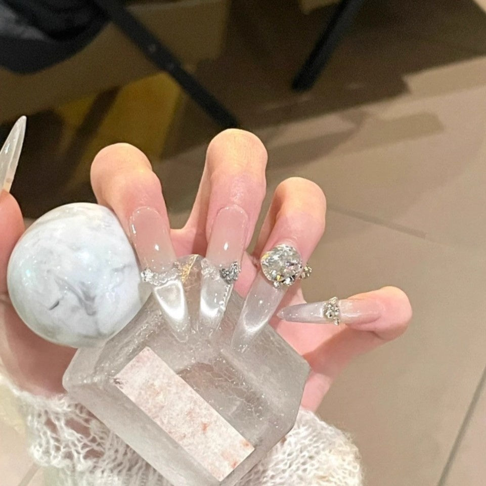 Snowmelt Silver Cat-Eye Crystal Press-On Nails — Icy French