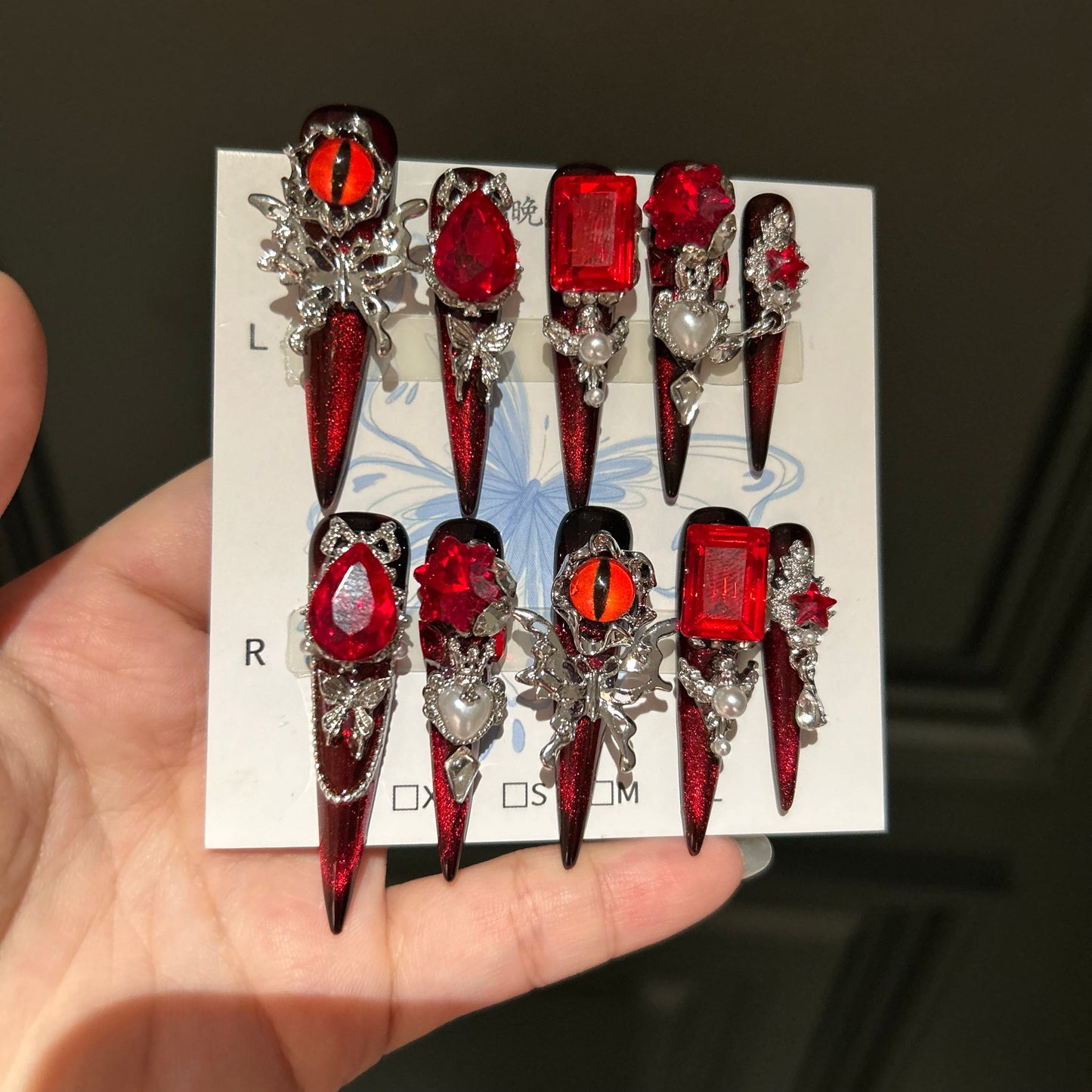 Hell's Eye Rhinestone Press-On Nails - Handmade Extra-Long Stiletto Glam Nails