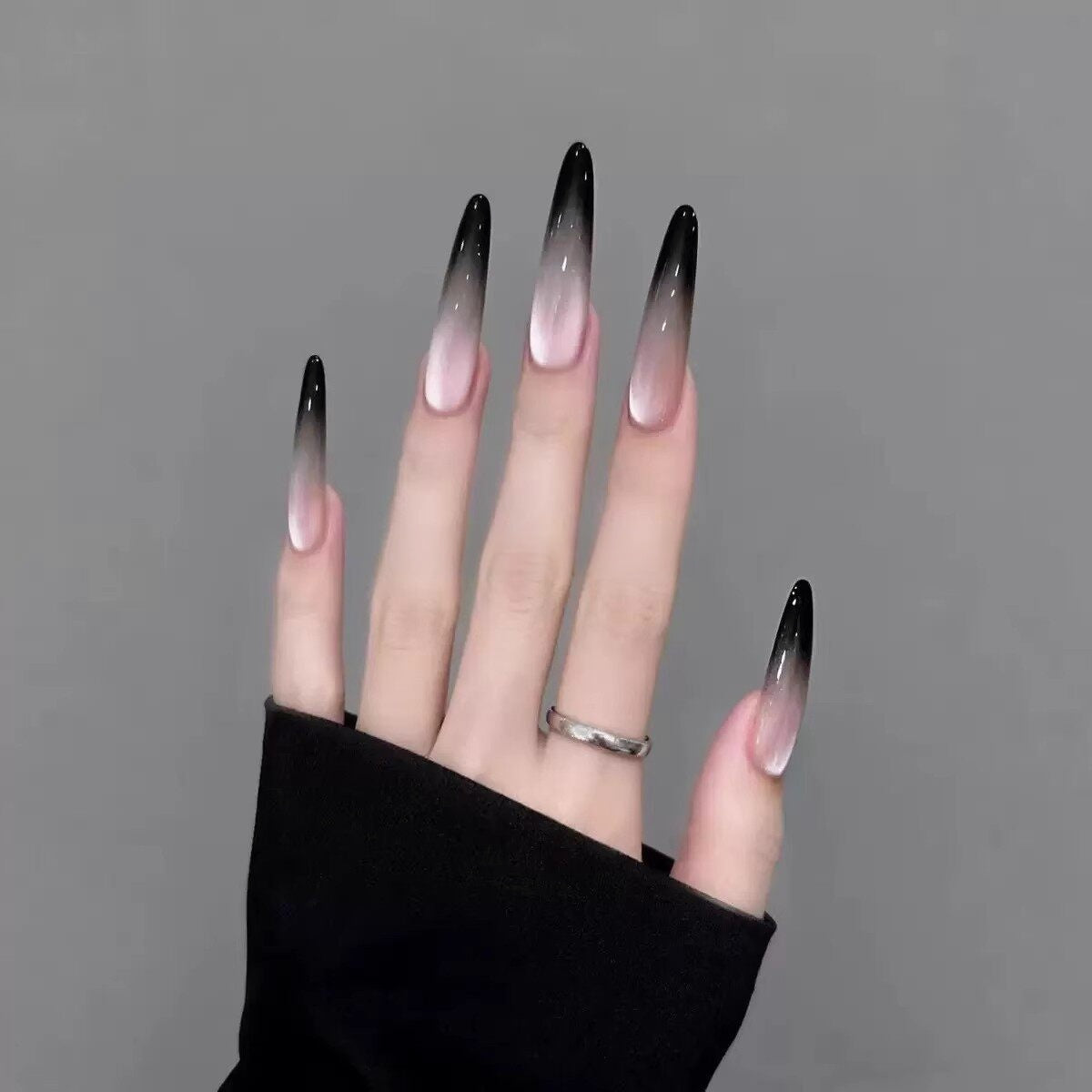 Midnight Siam Smoky Black Cat-Eye Press-On Nails — Glass-Like Ombré