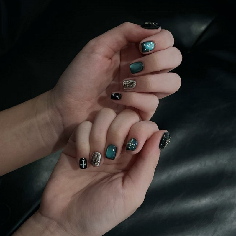 Midnight Blue Gothic Cross Cat-Eye Press-On Nails - New Short Square False Nails
