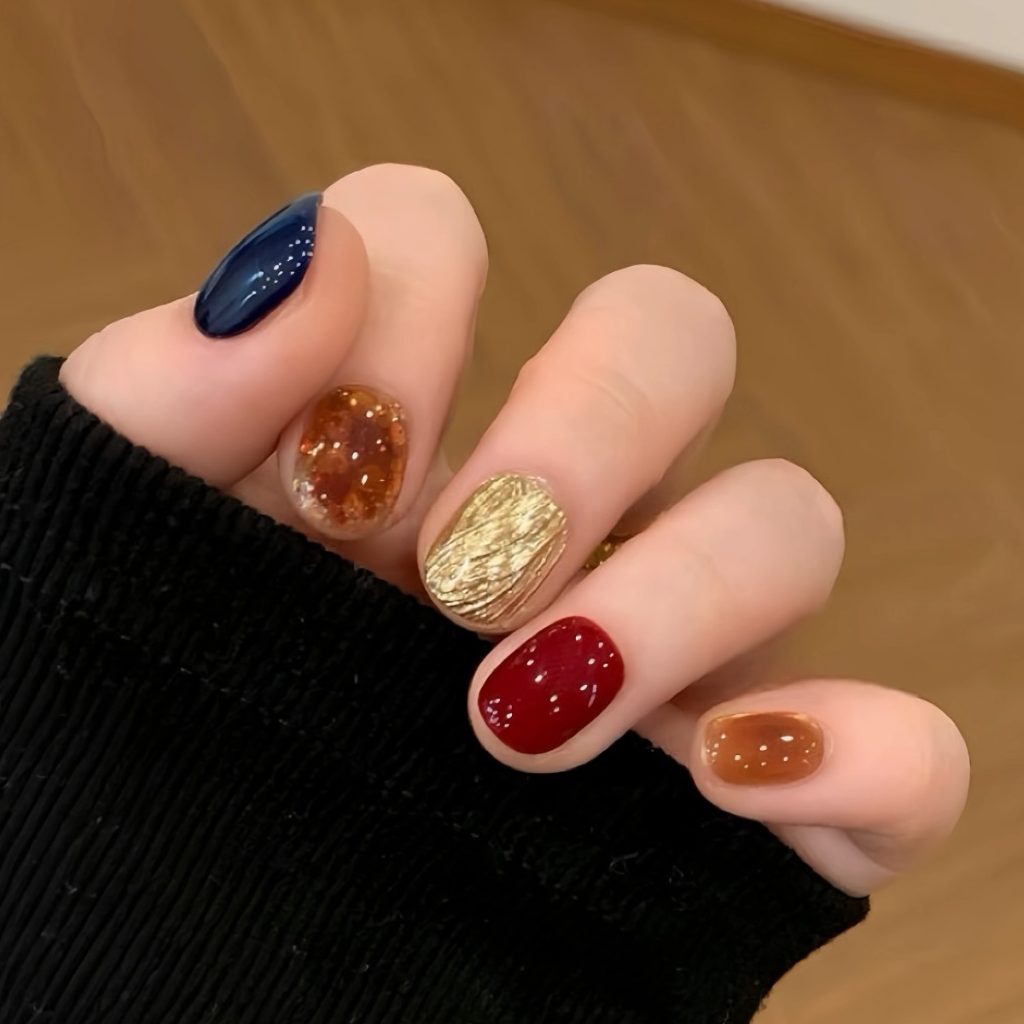 Red Blue Cat-Eye Chrome Press-On Nails - Short Color-Block Party False Nails
