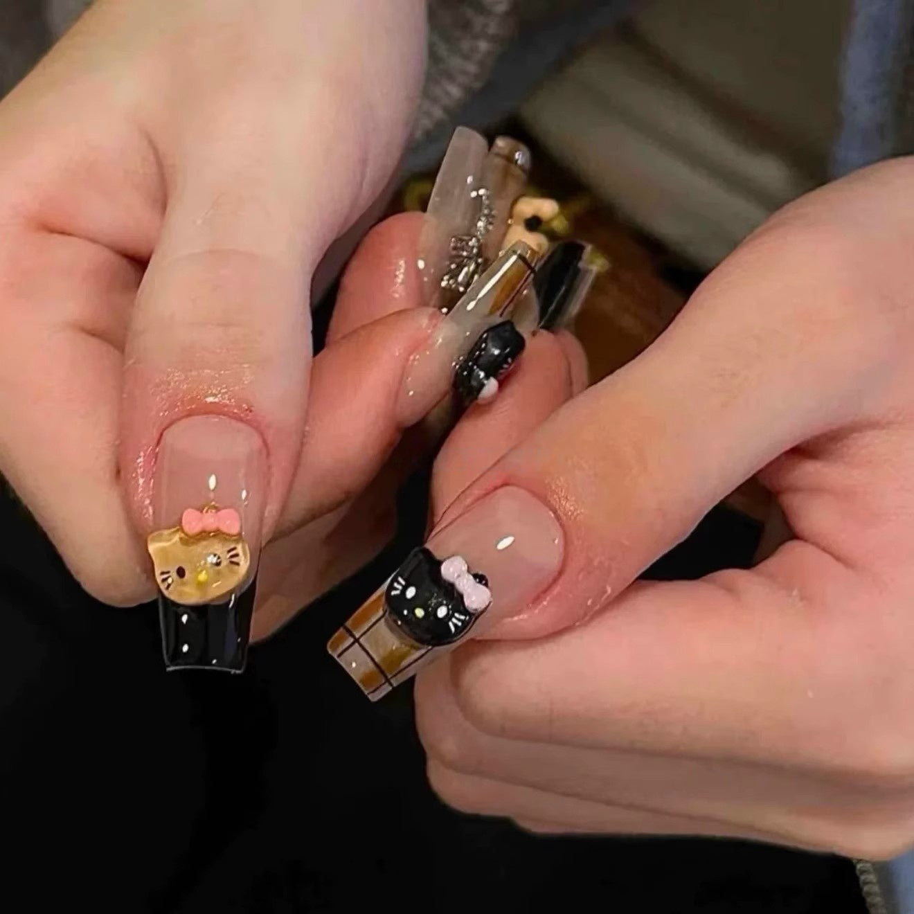 Black & Brown Plaid Cat-Eye Press-On Nails