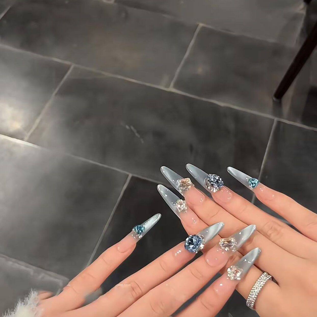 Blue Rhinestone Press-On Nails — Luxury Long Almond Fake Nails (SG861)