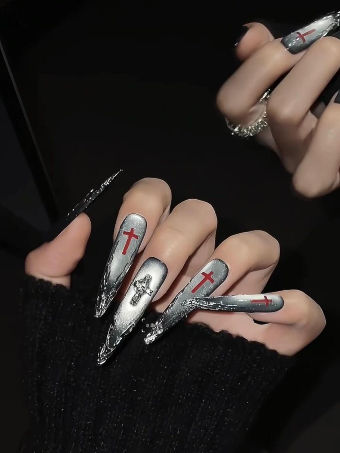 Silver Moon Cross Press-On Nails — Dark Cat-Eye Gothic Stiletto & Almond Fake Nails