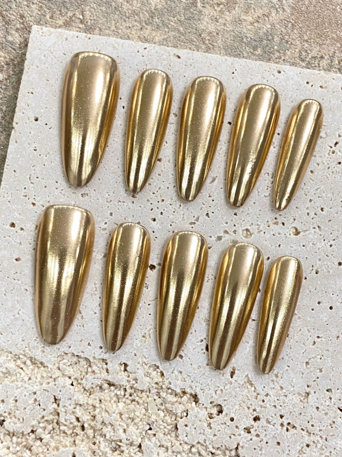 Golden Mirage Champagne-Gold Mirror-Chrome Almond Press-On Nails