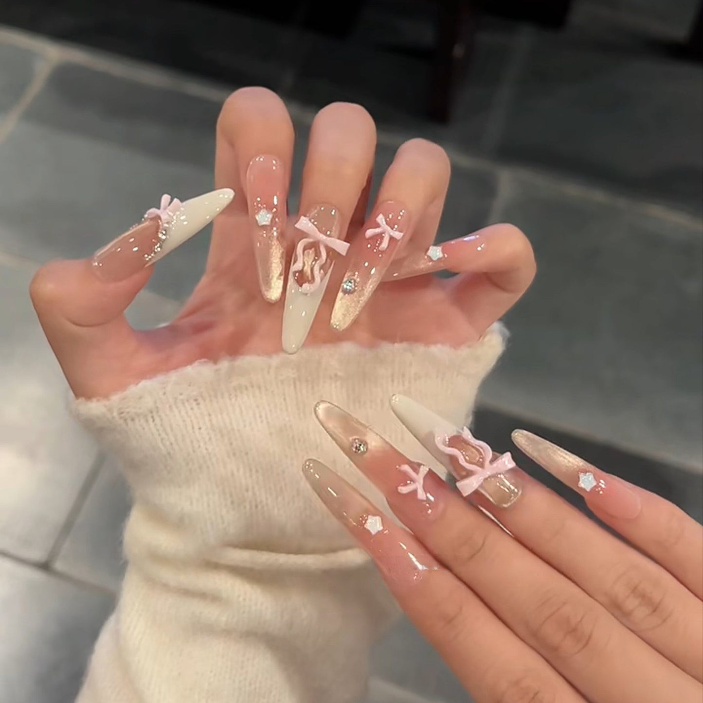 Dreamy Pink Ombre Cat-Eye Press-On Nails with Bow Charm