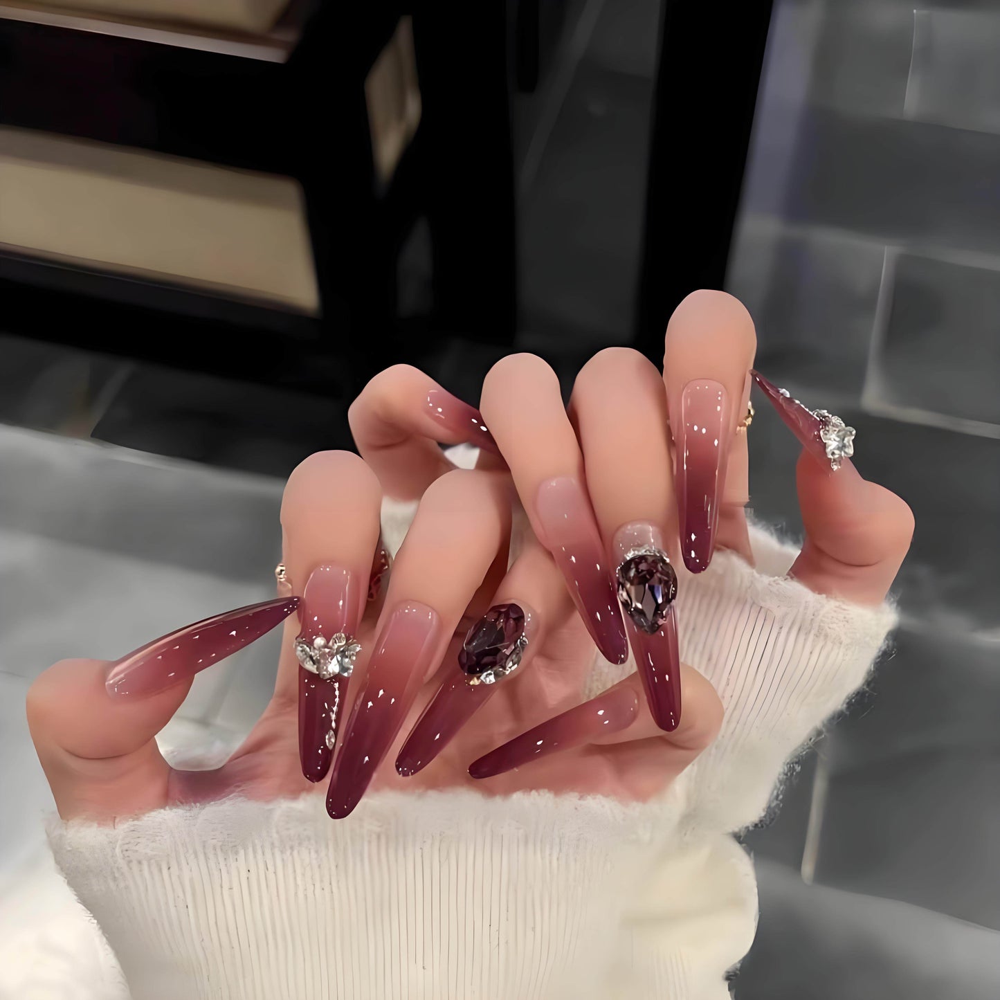 Athena Burgundy Ombré Crystal Press-On Nails — Extra-Long Stiletto & Coffin