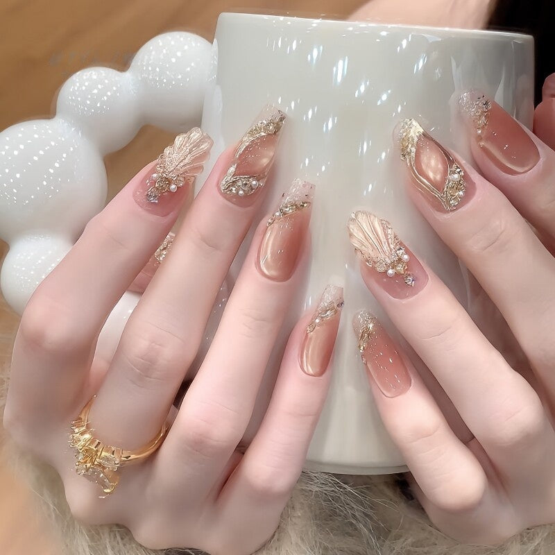 Mermaid Cat-Eye Press-On Nails - Glitter Mid-Length Handmade False Nails (3 Shapes)
