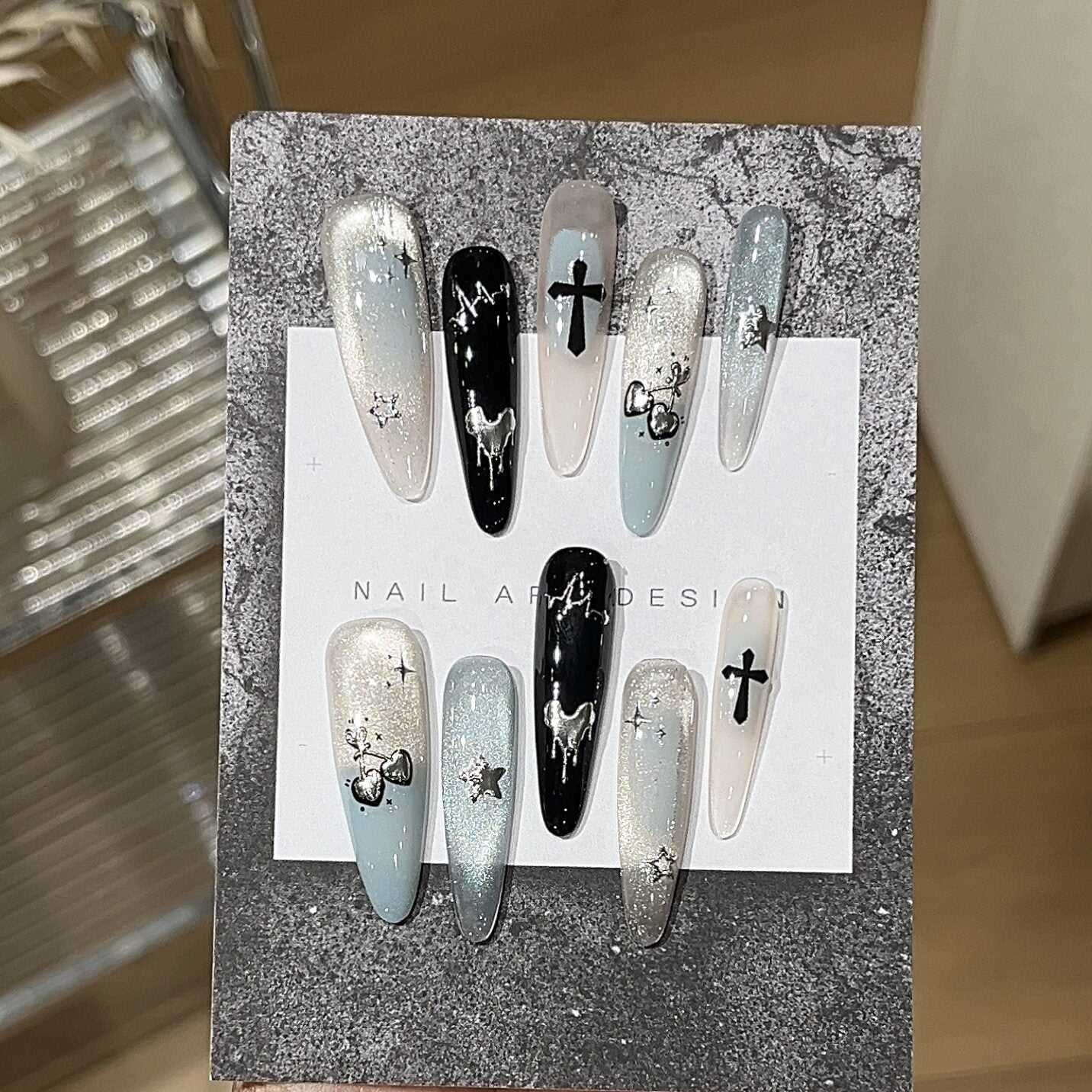 Mint Whisper Y2K Gothic Cat-Eye Press-On Nails — Silver Hearts & Crosses