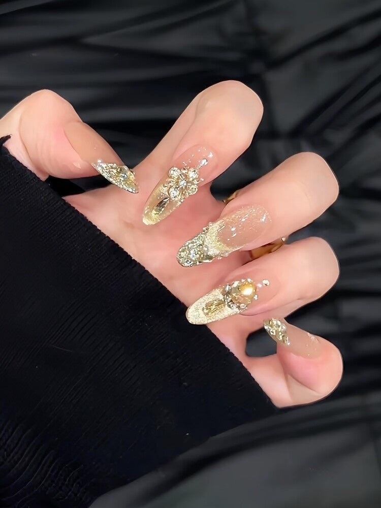 Champagne Gold Glitter French Cat-Eye Press-On Nails - Reusable Bridal False Nails (4 Shapes)