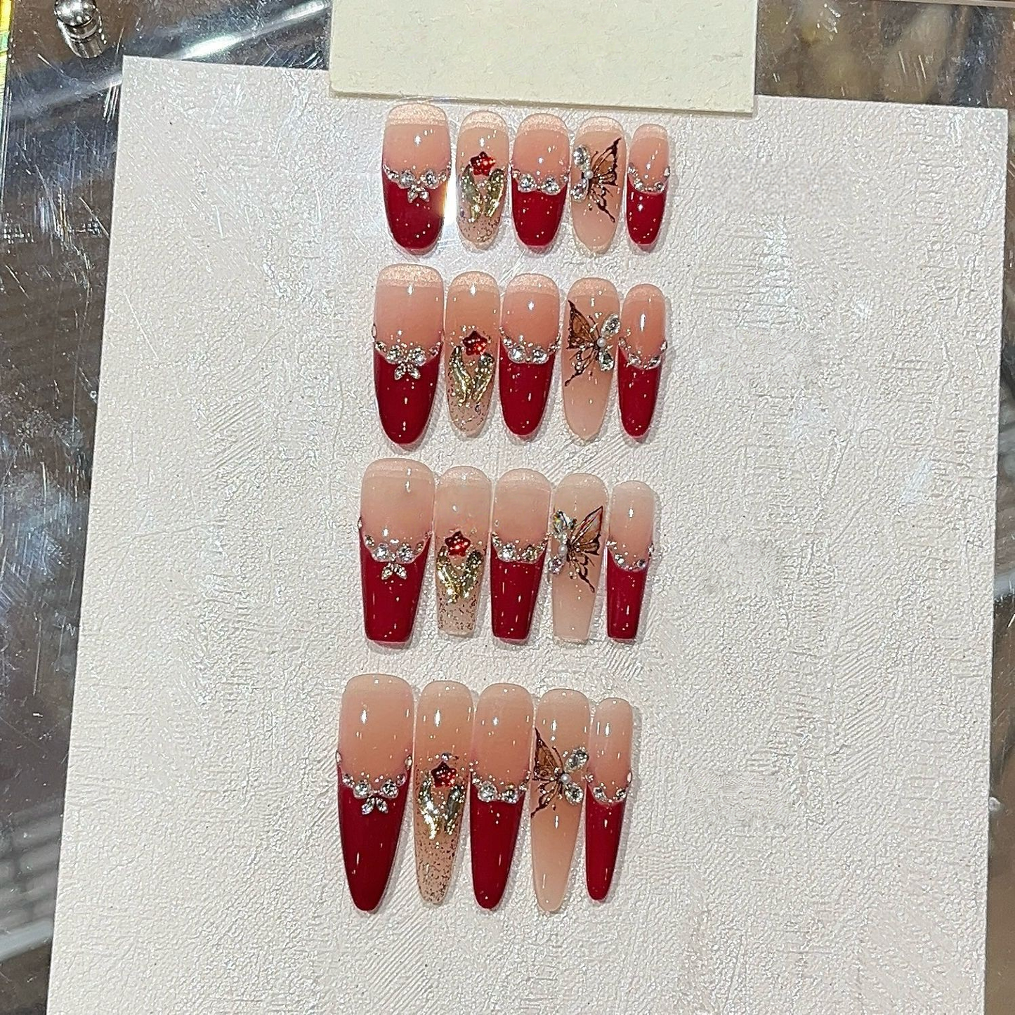 Dark Red Butterfly | Red French Rhinestone Press-On Nails