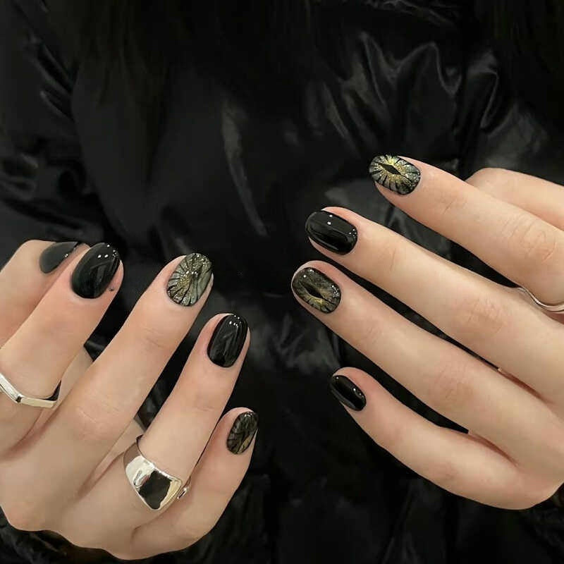 Dark Grunge Evil-Eye Press-On Nails - Hand-Painted Short Squoval False Nails