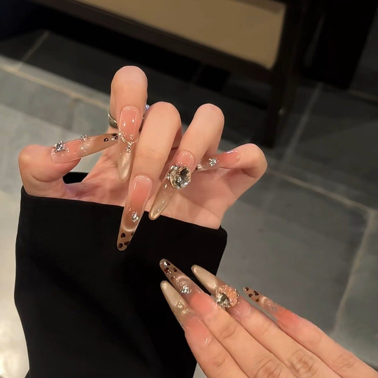 Caramel Safari Leopard Cat-Eye Crystal Press-On Nails — Champagne Glam