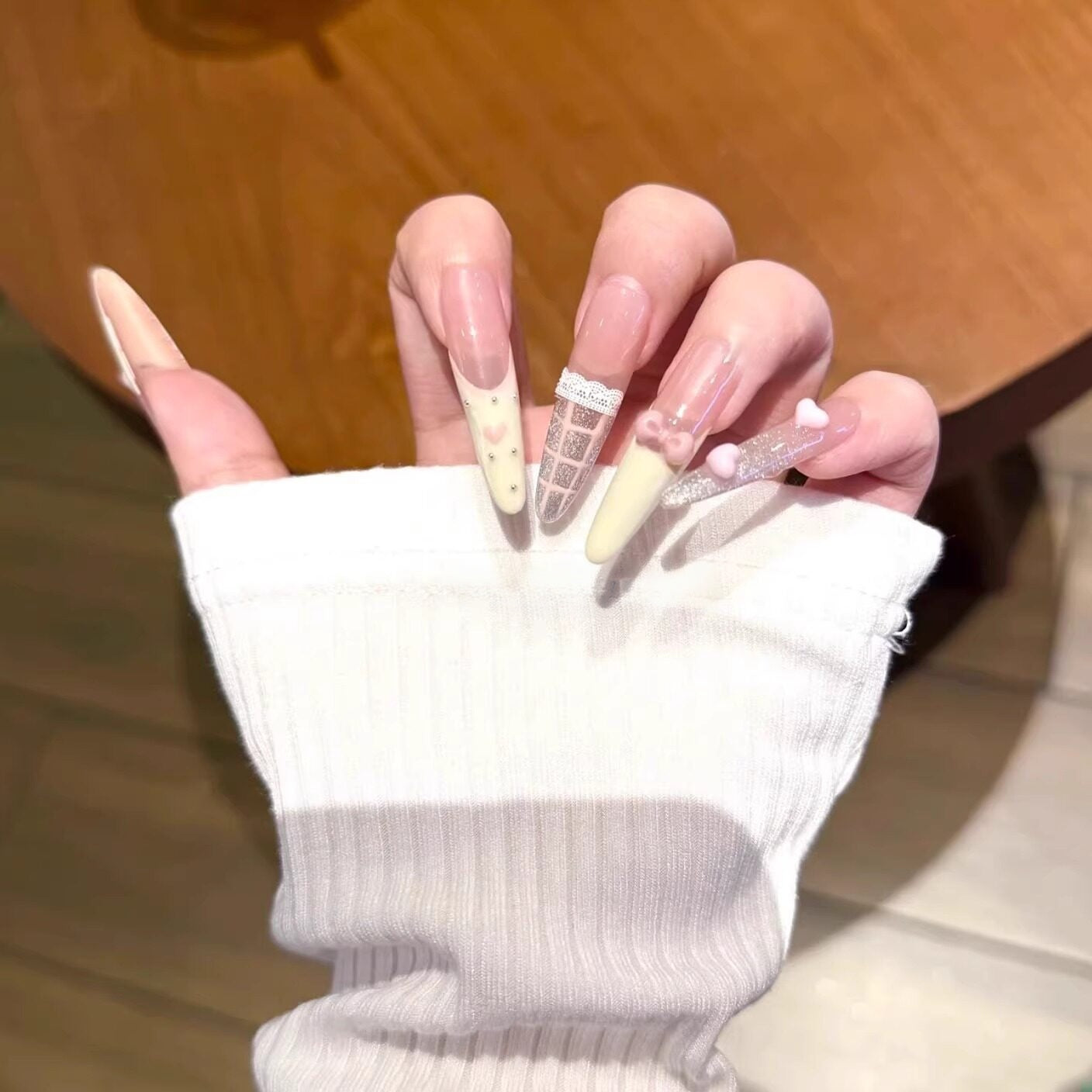 Ribbon Reverie Pink French Press-On Nails — 3D Bows & Lace