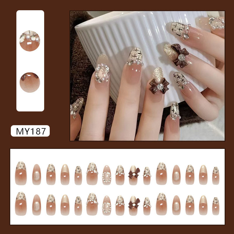 Chic Short Cat-Eye Bow Rhinestone Press-On Nails - 30-Piece Glue-On Set