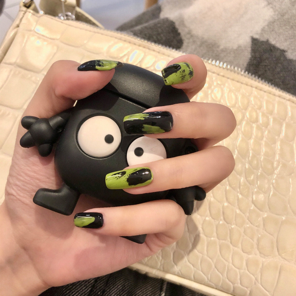 Black Green Graffiti Press-On Nails — Long Edgy Y2K Neon Statement Set