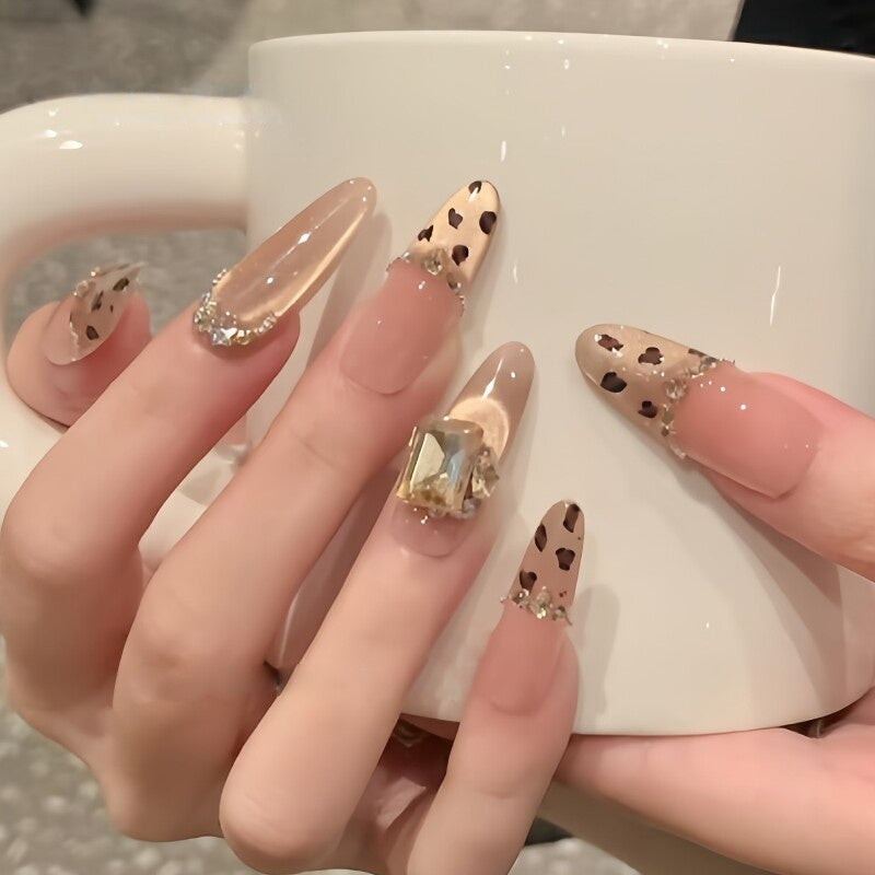 Leopard Rhinestone French Gold Cat-Eye Press-On Nails - Luxe Reusable Handmade False Nails (3 Lengths)