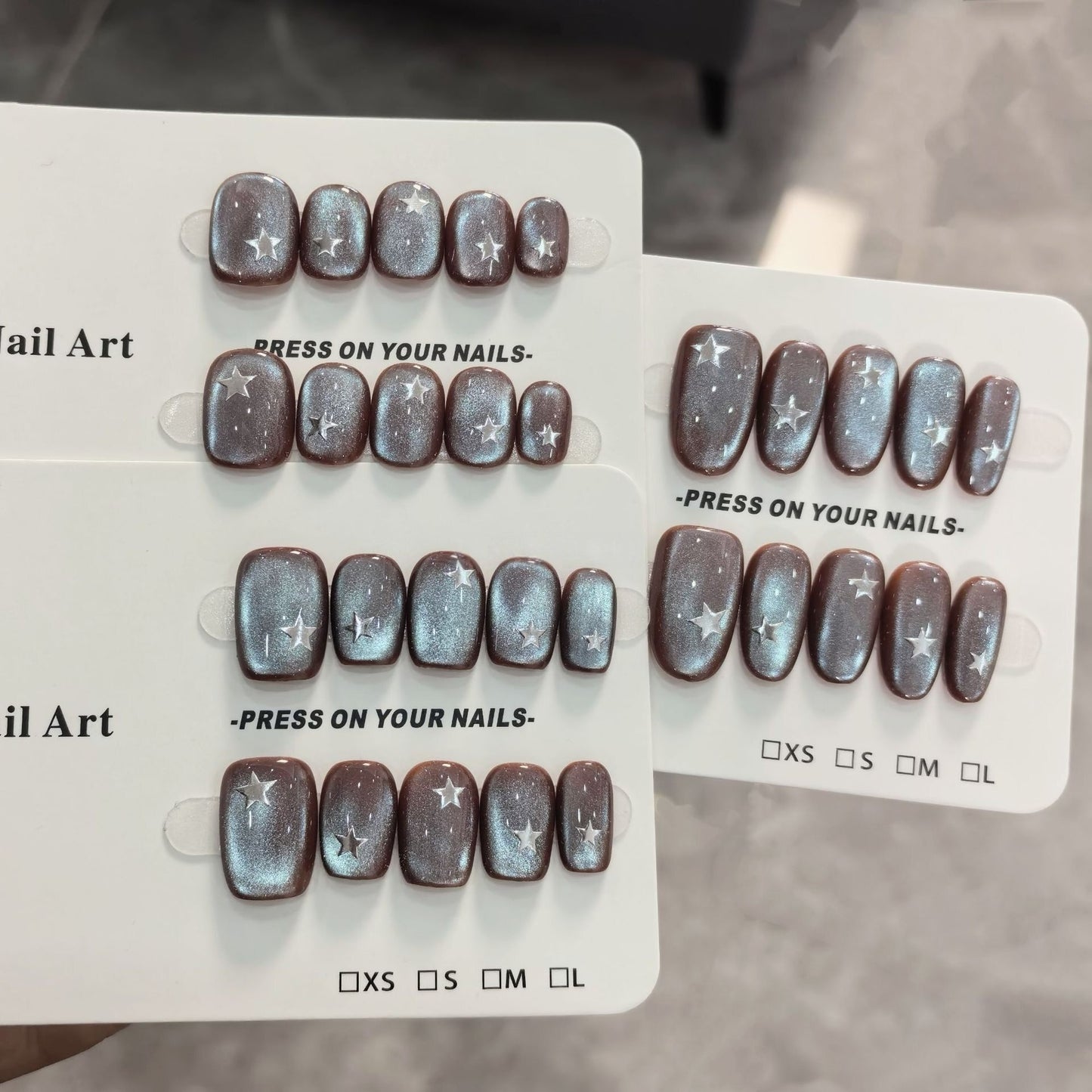 Midnight Stardust Black Cat-Eye Press-On Nails — Silver Star Short Nails (3 Shapes)