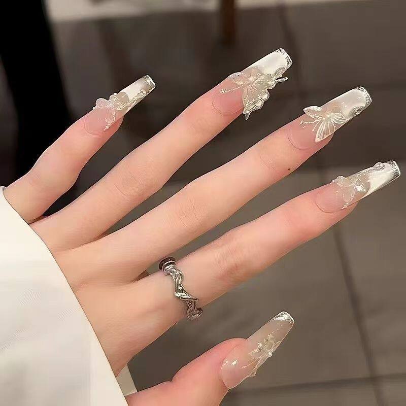 Ice Dew Butterfly Cat-Eye Press-On Nails - Handmade Extra-Long Glossy Fake Nails
