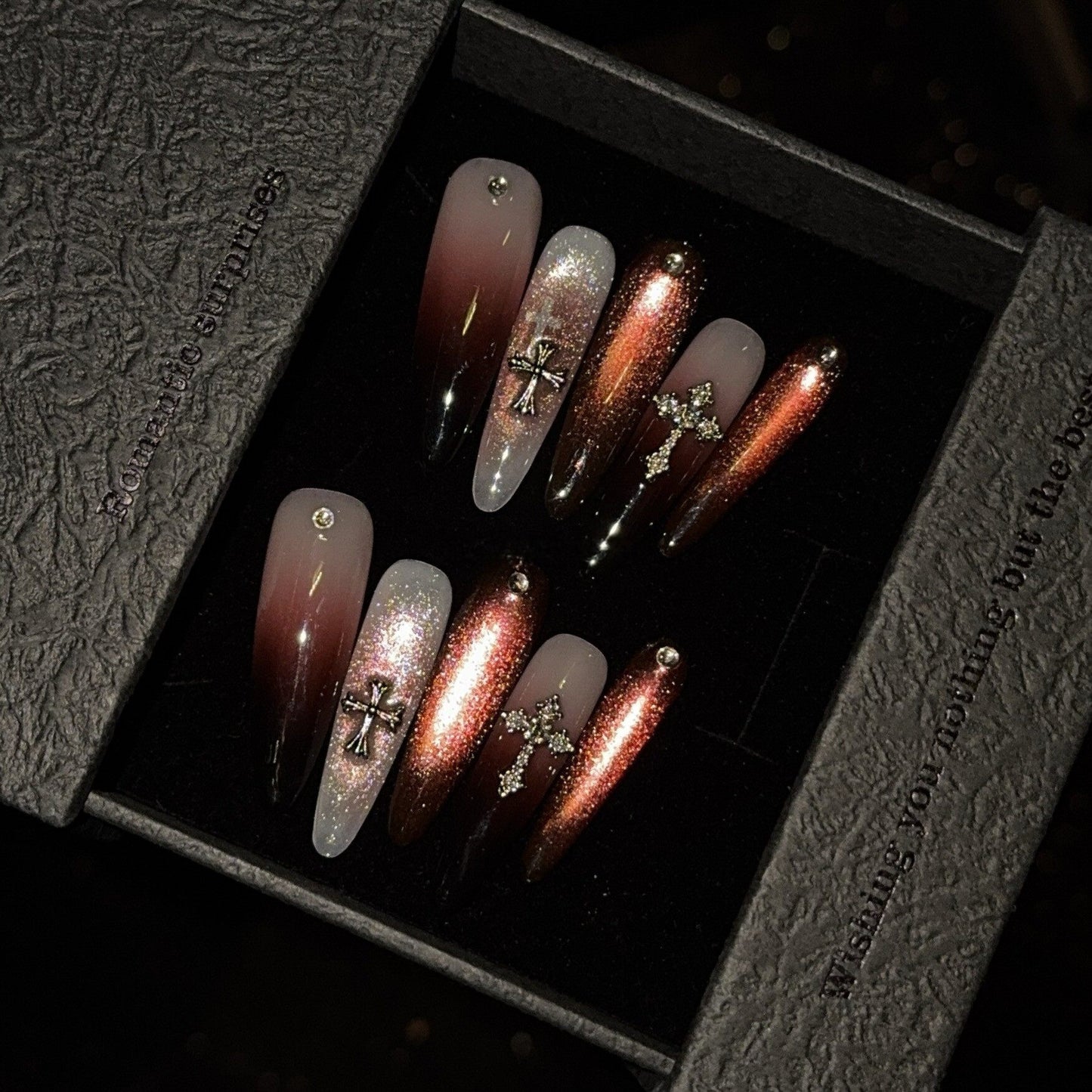 Blood Red Gothic Cross Cat-Eye Press-On Nails - Handmade Long Reusable Fake Nails